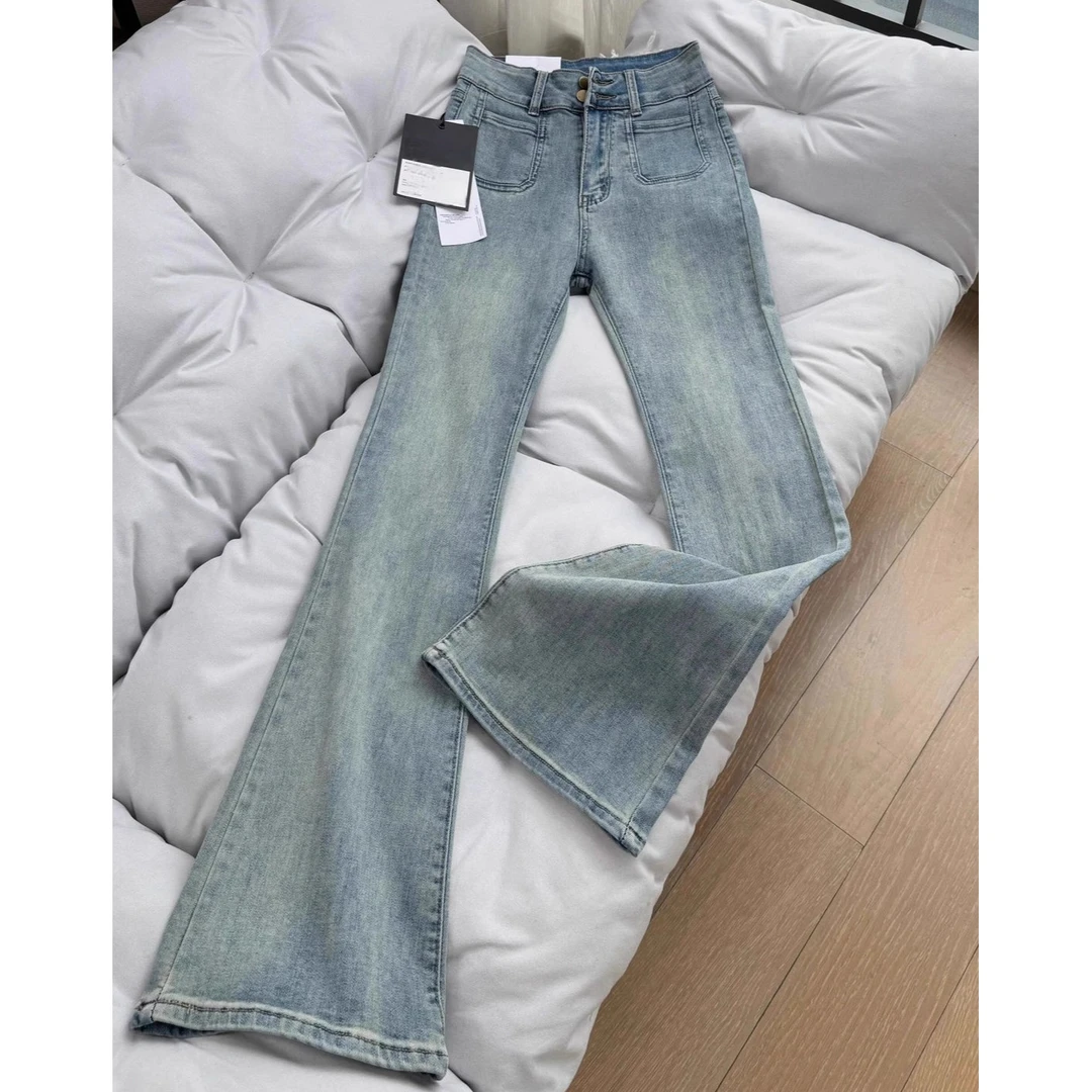 设计感浅色微喇叭牛仔裤女秋季新款高腰弹力显瘦双扣高个子马蹄裤