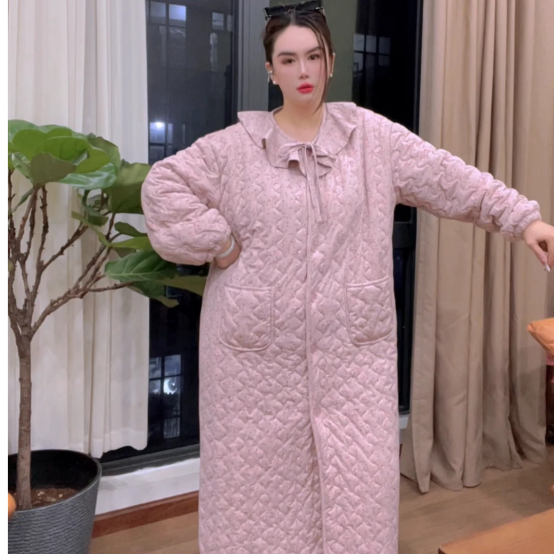 保暖套装睡袍宽松加厚连帽加绒冬装家居服甜美中长款SQ1047-AQI