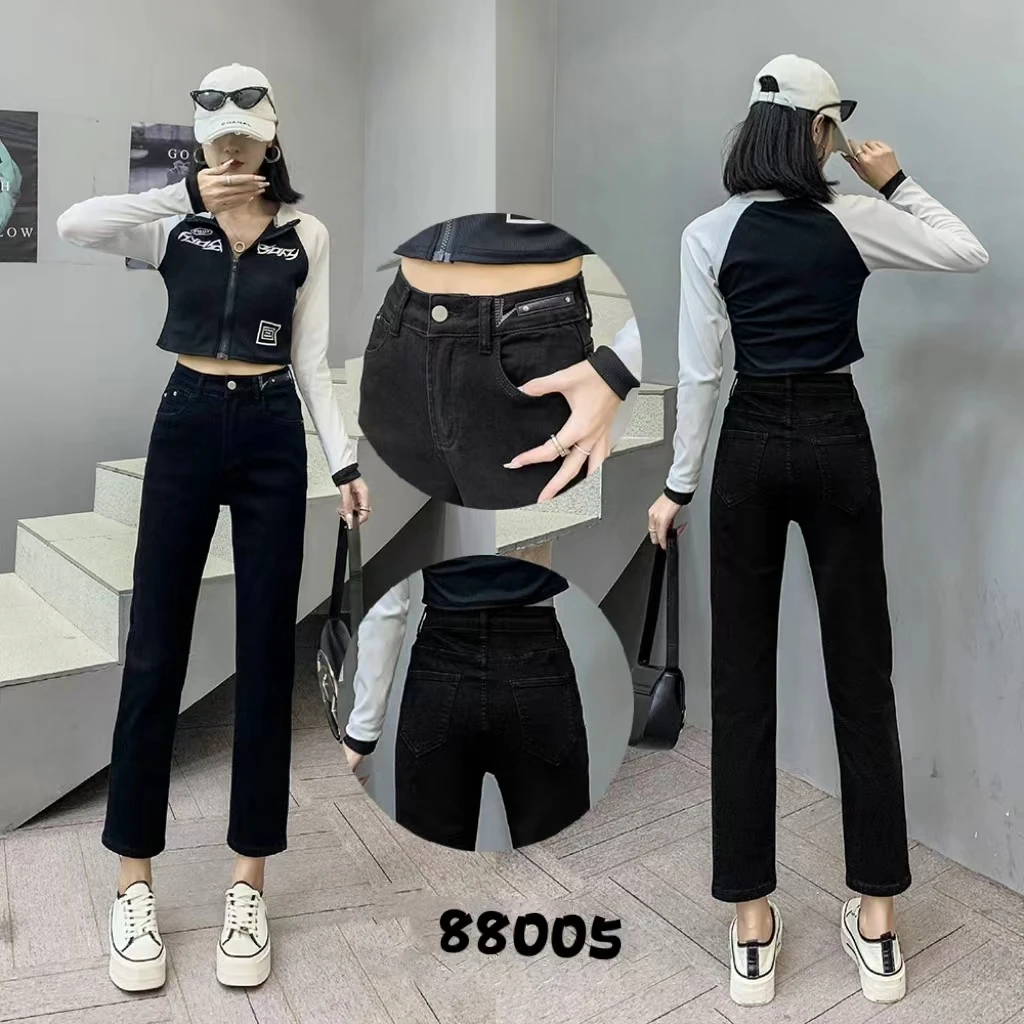 高弹牛仔直筒烟管裤