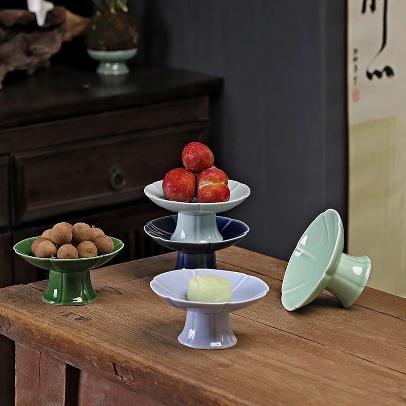 中式陶瓷高脚果盘高足茶点盘点心盘托盘点心盘干果供佛水果碟摆盘