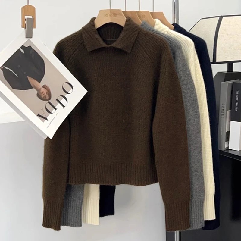 韩系简约风小个子气质翻领套头针织衫女秋冬新款高级感长袖上衣潮