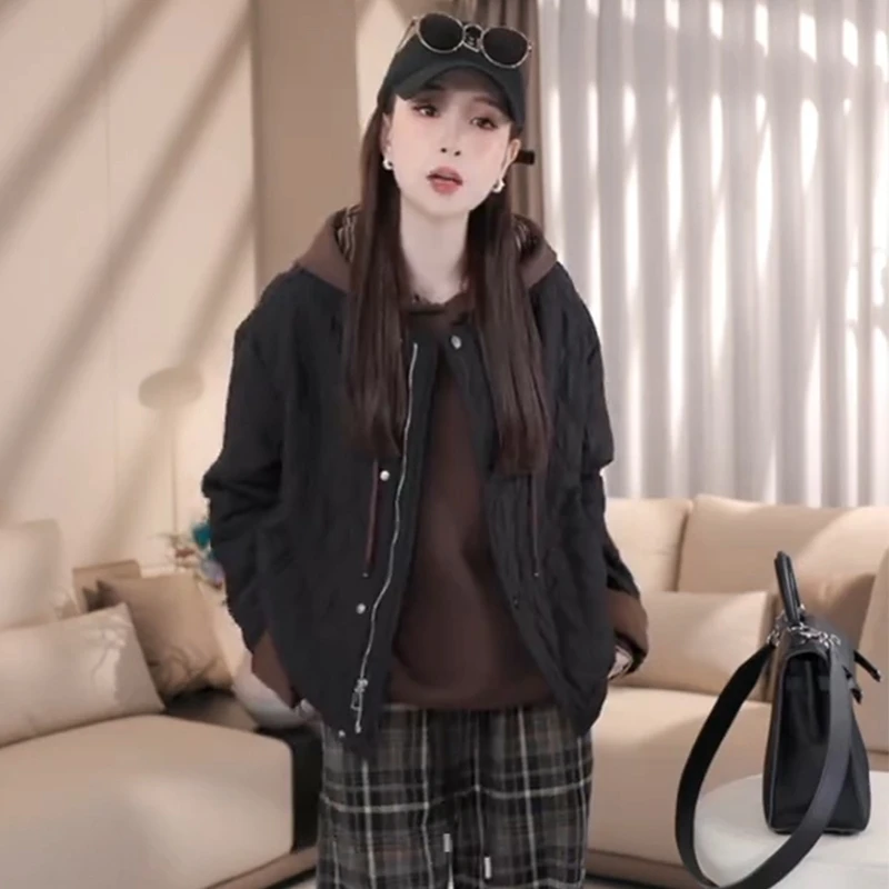 慵懒风百搭遮肉加厚保暖拉链短外套女秋冬款复古菱格小众显瘦上衣