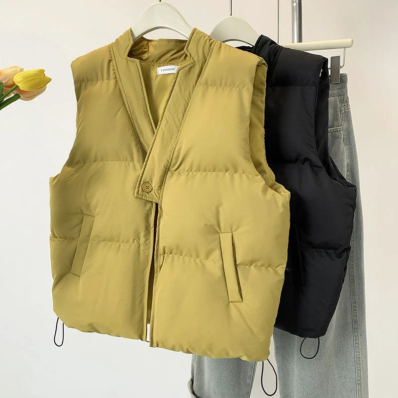 胖MM洋气设计感V领一粒扣坎肩马夹女秋冬新款小众无袖棉衣外套潮