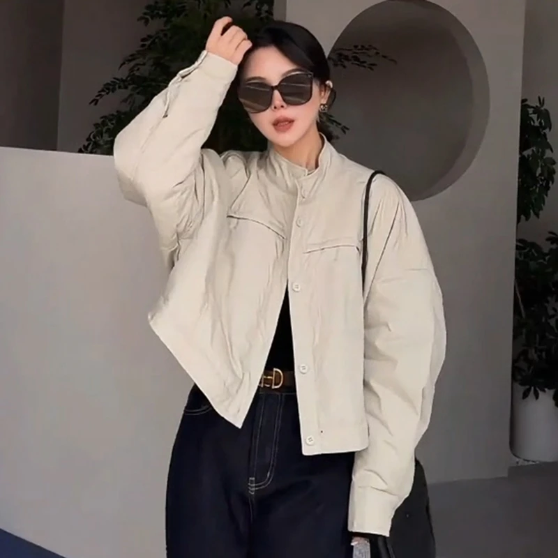 高级感纯色单排扣短款棉服女秋冬新款小个子宽松显瘦休闲夹克外套