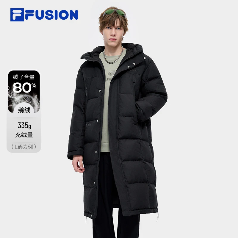 FILA斐乐长款羽绒服男士冬季防风保暖80%鹅绒连帽外套T11M441903F