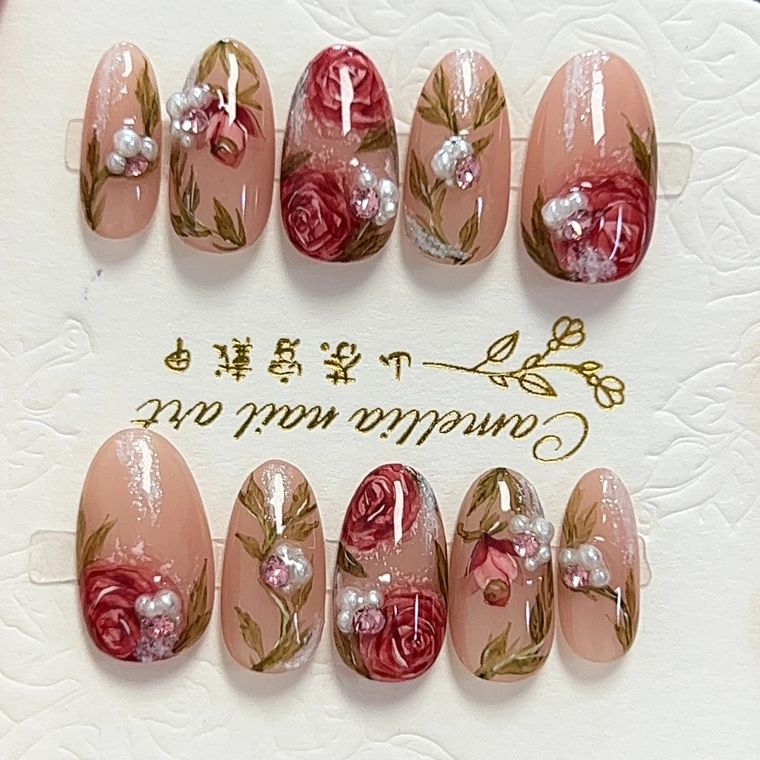 荆棘玫瑰 手绘水彩玫瑰花裸色显白气质美甲  一朵山茶手工穿戴甲