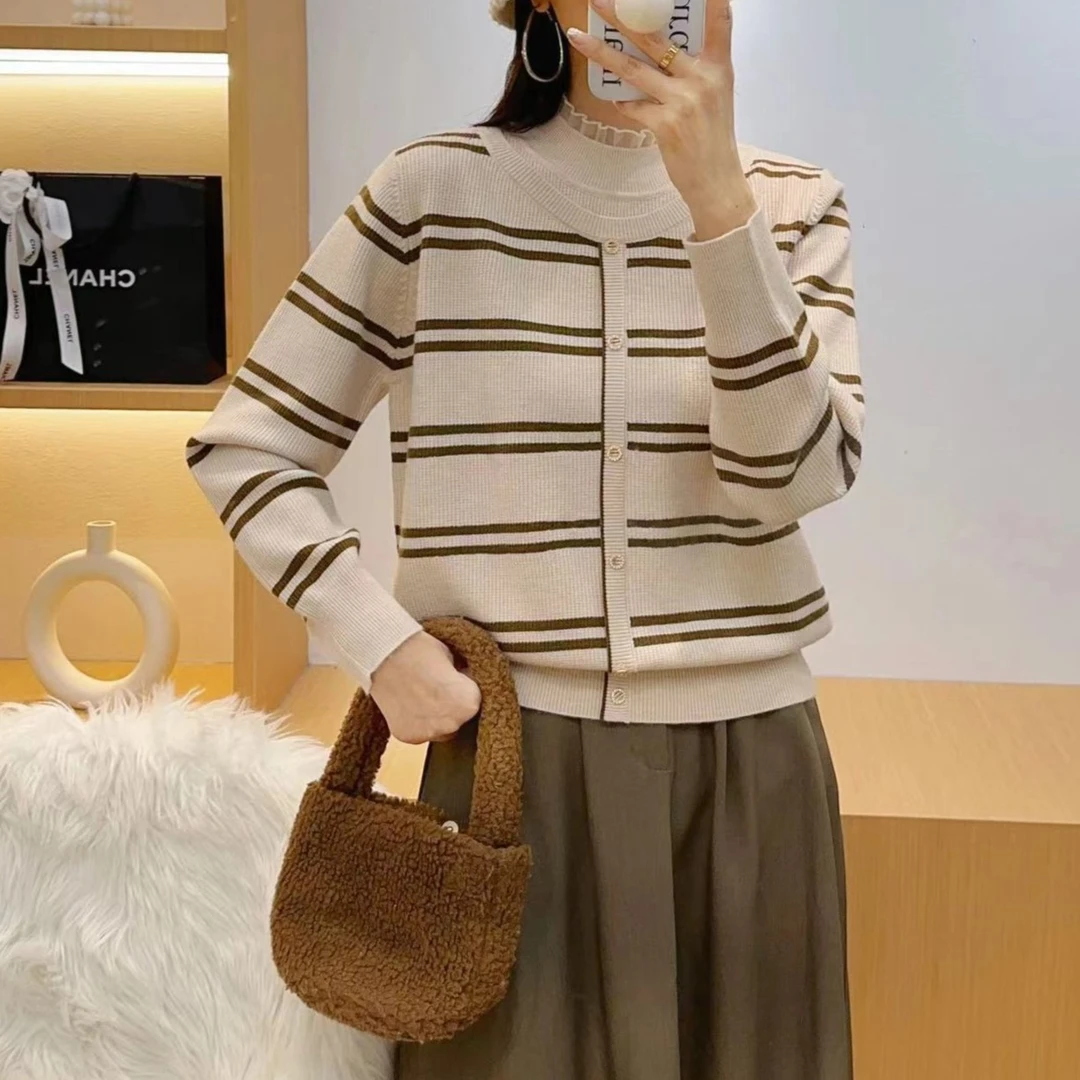 蕾丝木耳边半高领条纹针织衫女2024秋冬新款洋气减龄长袖打底毛衣
