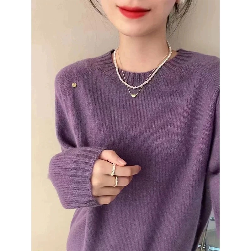 【浣熊绒】2024秋冬新款韩版宽松慵懒风毛衣圆领长袖针织衫纯色套头