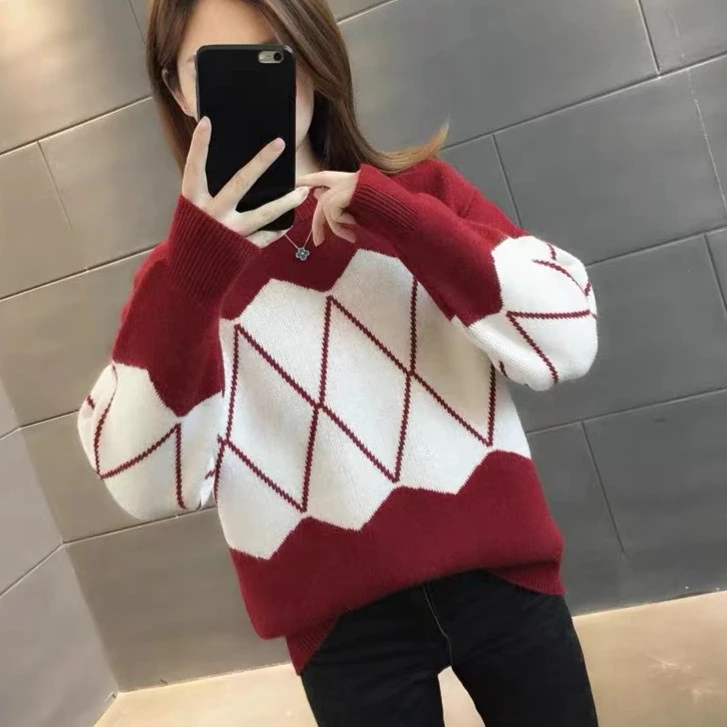 2024年秋冬新款韩版宽松慵懒风针织衫上衣圆领套头打底衫保暖毛衣