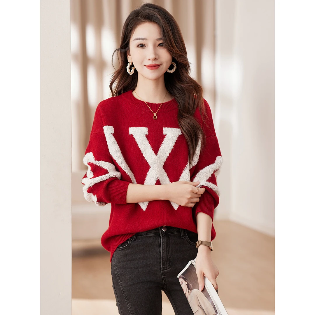 红色新年款慵懒风圆领加厚时尚打底衫女秋冬新款洋气百搭外穿毛衣