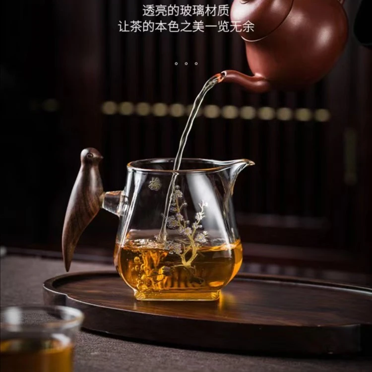 鑫凤祥喜鹊登梅公道杯手工透明高硼硅耐高温玻璃茶具