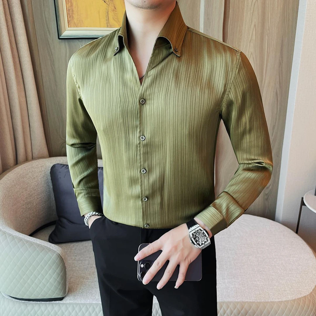 法式V领条纹衬衫男长袖秋冬季2024新款商务休闲百搭修身时尚衬衣