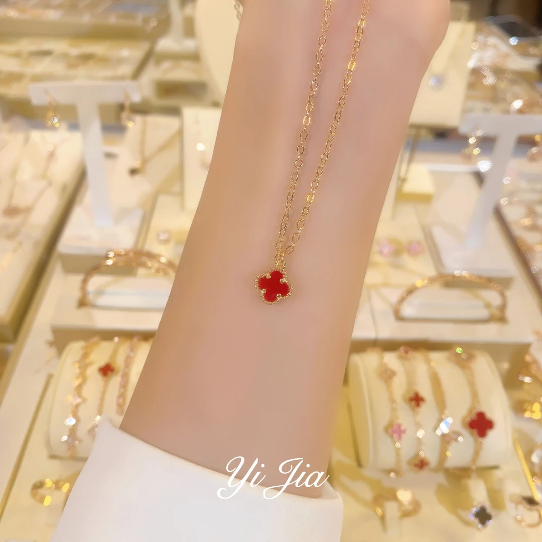 铜合金项链 时尚高定系列金色百搭红色花花项链四叶草锁骨链小众