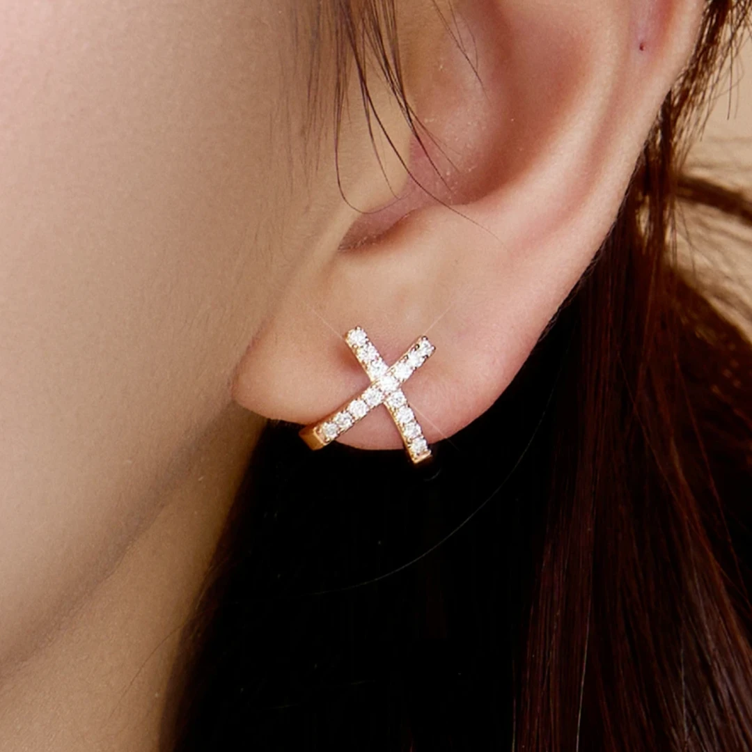 铜合金合成锆石耳饰 时尚高定交叉耳钉FS953个性香槟色简约小巧