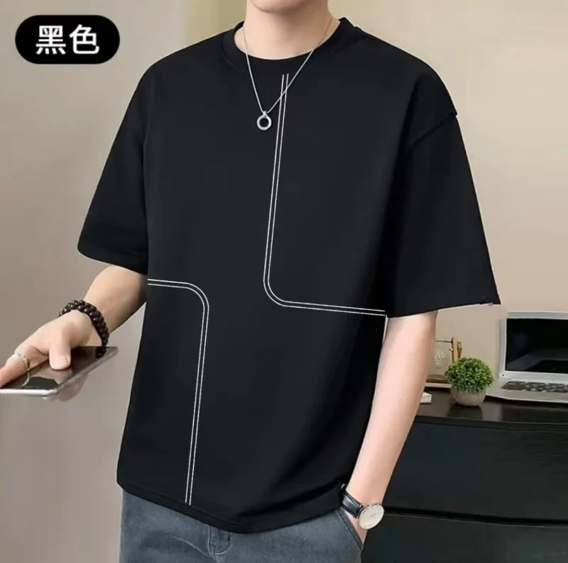 【对角线条】时尚宽松圆领重磅纯棉百搭T恤-D01