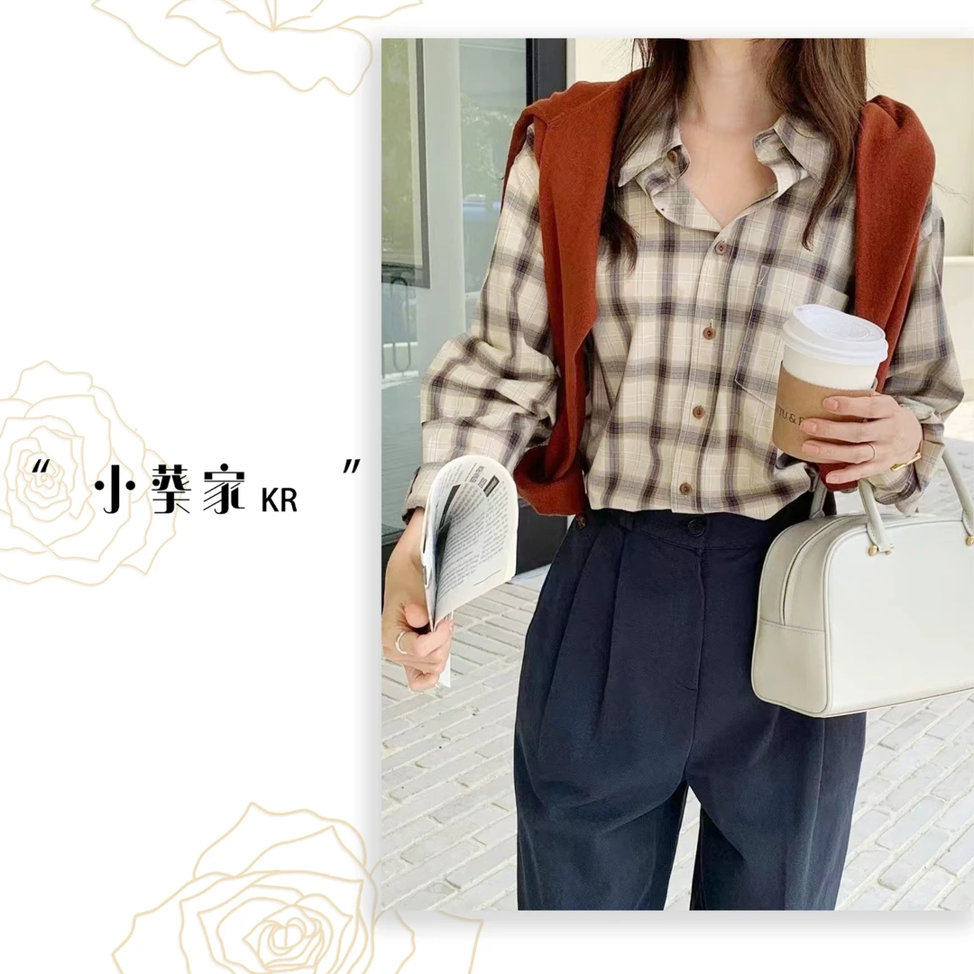 早秋季显瘦复古简约翻领大格子长袖衬衫女上衣百搭休闲款潮流时尚