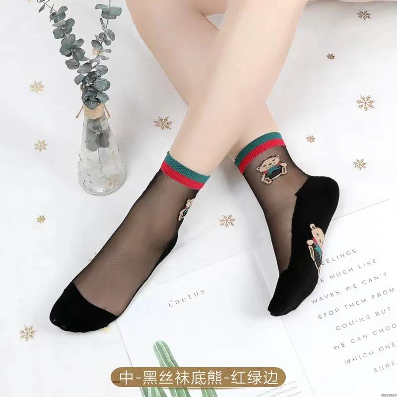 春秋中筒水晶丝袜女士小熊卡通冰丝袜超薄玻璃丝短袜透明隐形棉底