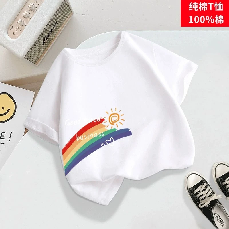 彩虹图案t恤班服白色t恤男半袖女童短袖纯棉童装卡通韩版洋气上衣