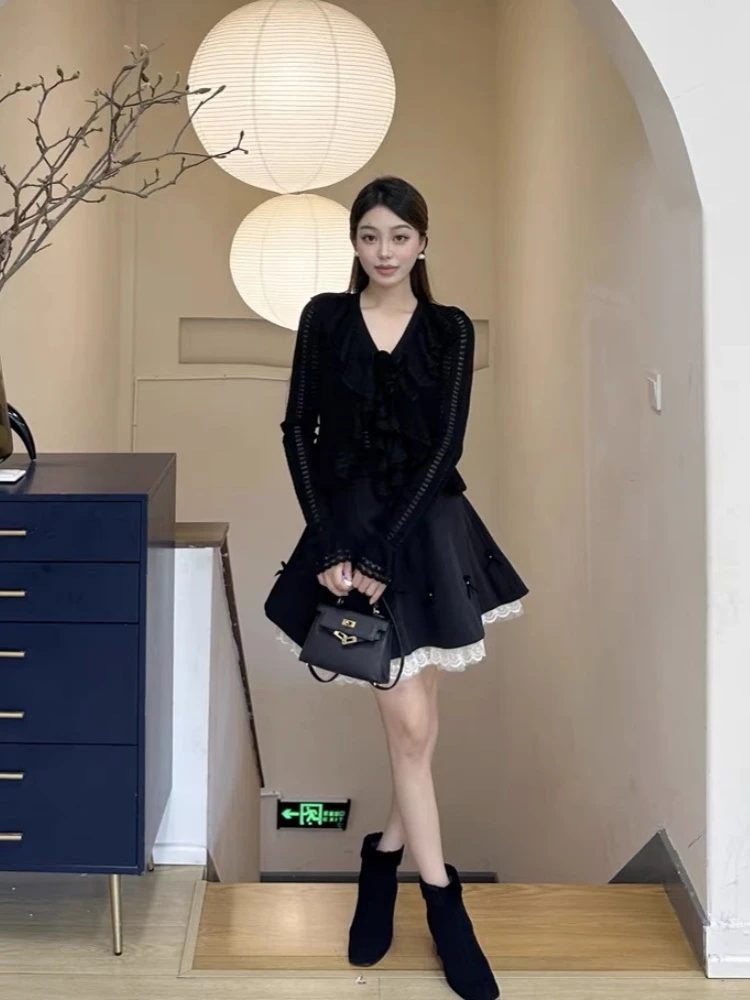 019楠汐家谢安然同款卓24年秋季新款蝴蝶结高腰显瘦蕾丝拼接短裙