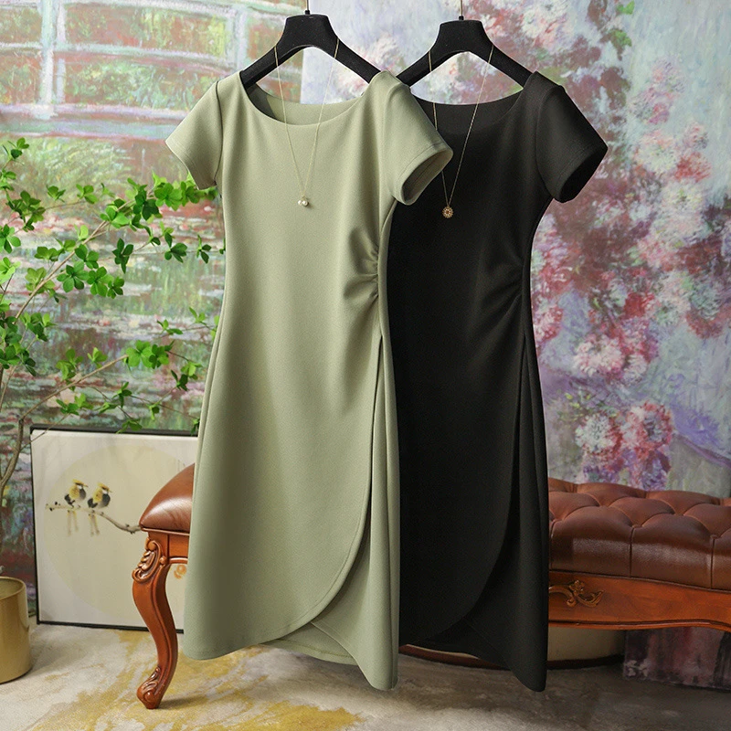 高端连衣裙女新款法式轻熟风气质设计感收腰圆领短袖包臀裙子2085