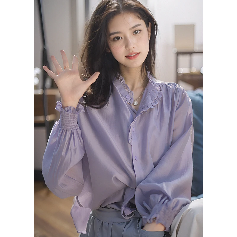 盐系浅水紫色衬衫女温柔风甜美气质高级感长袖立领衬衣7134
