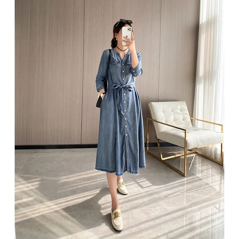 牛仔连衣裙新款气质名媛高级感长袖收腰显瘦a字连衣裙4445