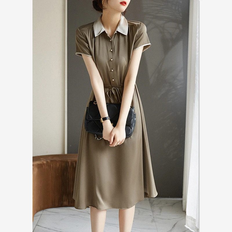 专柜撤柜高端面料Polo领连衣裙女a字职业气质翻领衬衫裙1313