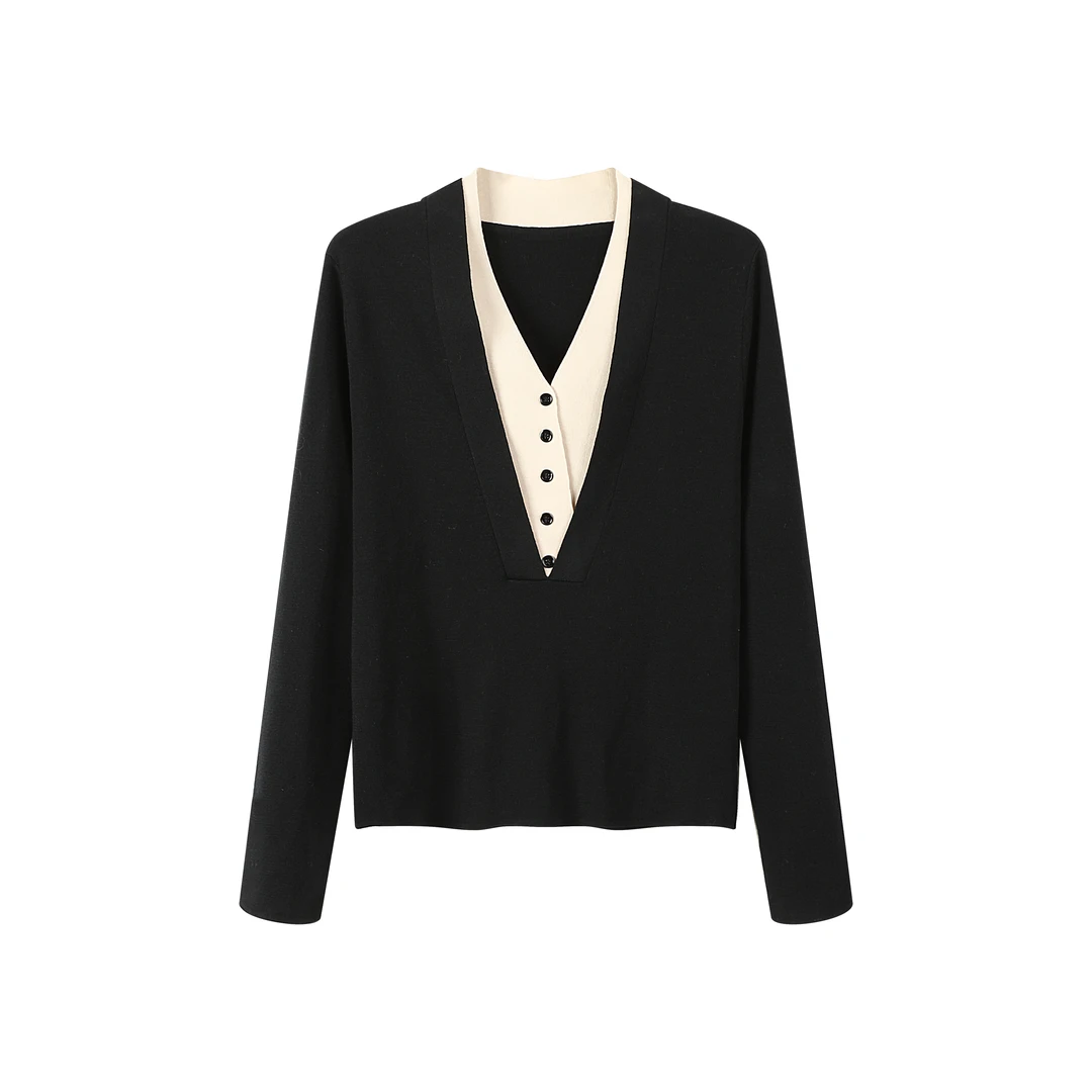 时尚气质百搭小香风设计感假两件长袖套头针织上衣0233