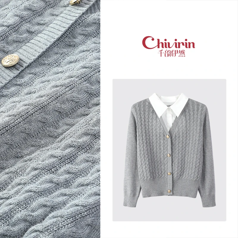 【千韵伊然】复古时尚百搭设计感翻领假两件长袖针织开衫上衣1324
