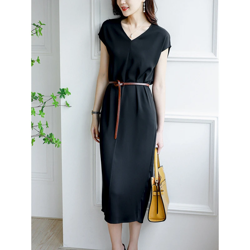 黑色V领连衣裙女高端轻熟风气质小众蕾丝拼接收腰无袖长裙子2539