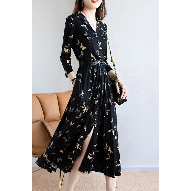 新款法式复古V领A字裙收腰显瘦开叉大摆长裙碎花连衣裙1260