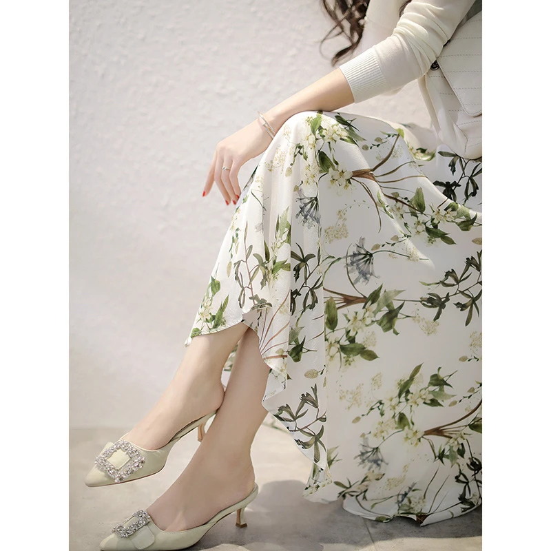 新款碎花清新复古高腰a字优雅气质雪纺半身裙中长裙子0910