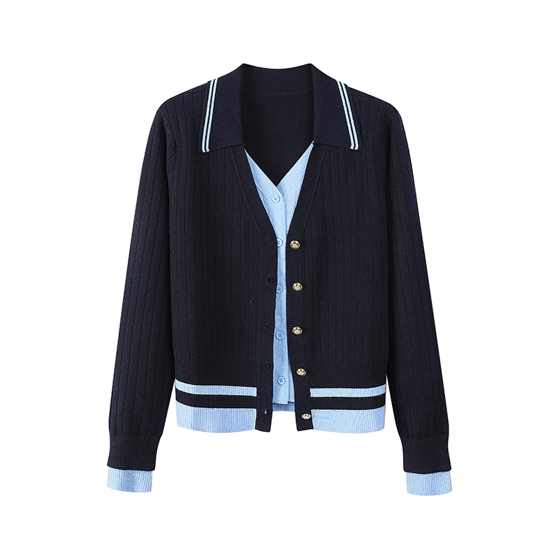 新款休闲时尚撞色假两件针织衫外套8583