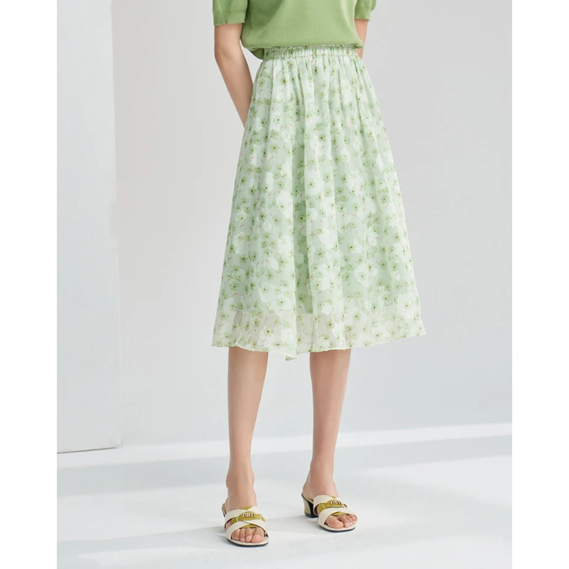 气质褶皱碎花半身裙新款显瘦高腰a字果绿色小清新裙子女0318