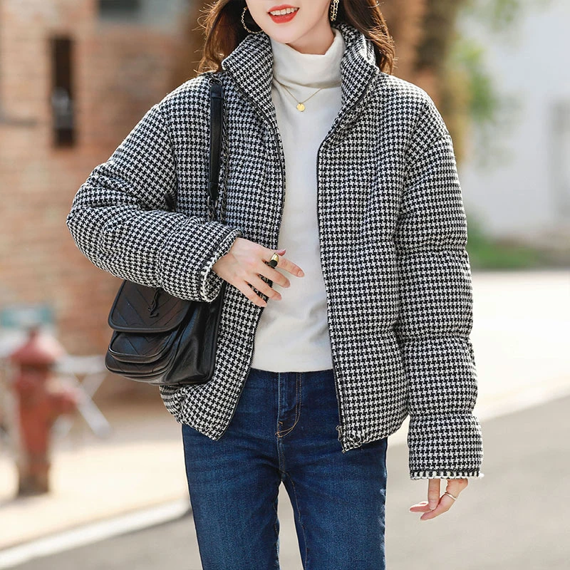 M.Y媛总 休闲复古千鸟格羽绒服女短款小个子白鸭绒小香风毛呢9766