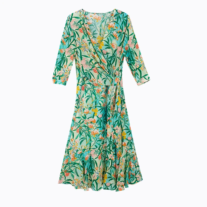 连衣裙印花碎花V领复古显瘦长裙春季春夏优雅旗袍女装4590