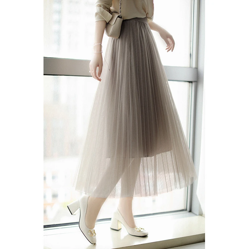 超仙飘逸高腰A字轻薄网纱纯色中长大摆半身裙1104