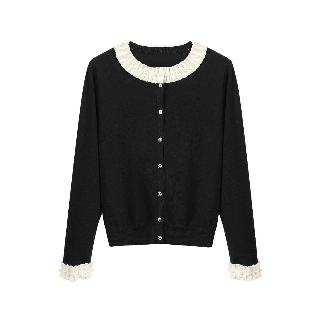 25新款时尚气质百搭设计款荷叶领针织开衫上衣0290