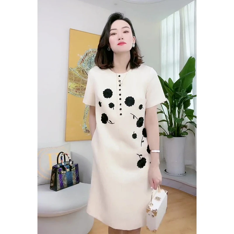 新款白色印花连衣裙女高端精致轻奢女装宽松显瘦正式场合裙子5928