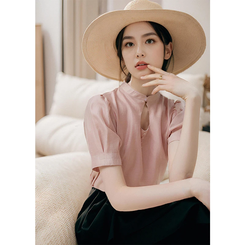 新款气质新中式国风时尚百搭设计感立领短袖衬衫上衣7374