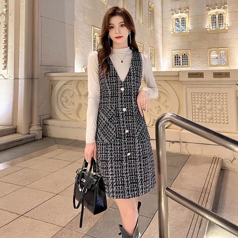 V领无袖连衣裙时尚名媛外搭收腰显瘦背心马甲裙5375