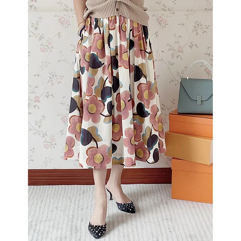 花朵印花半身裙女新款复古优雅气质高腰设计小众a字裙子5567