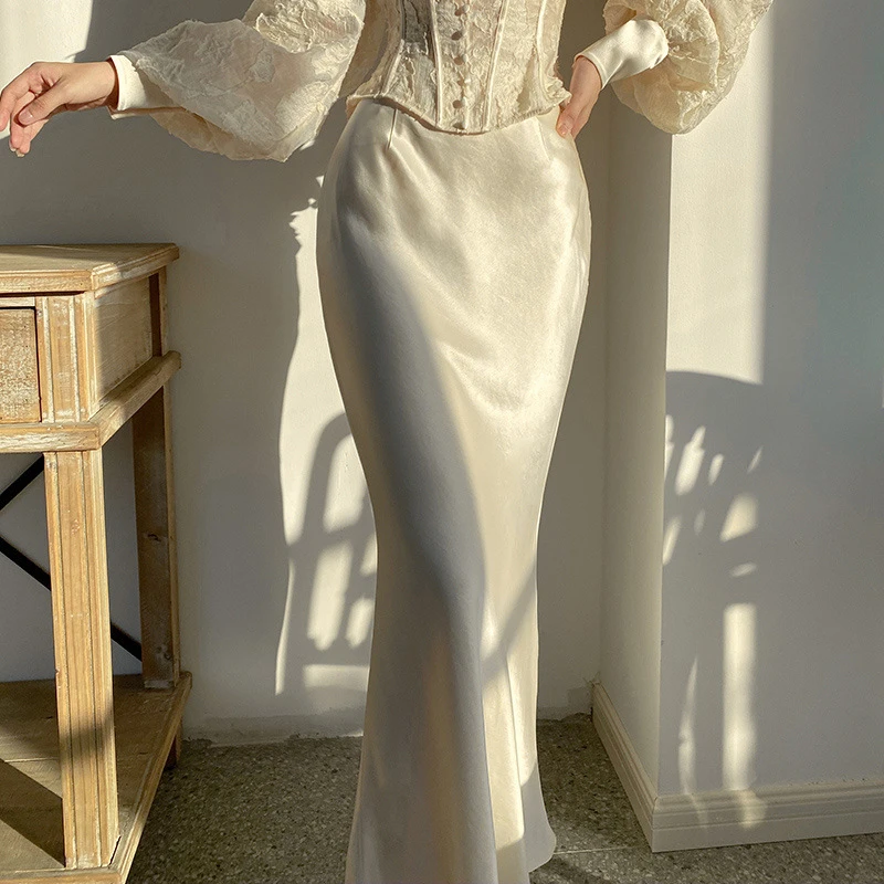 新款一步包臀醋酸缎面修身鱼尾裙高级感气质优雅半身裙0069