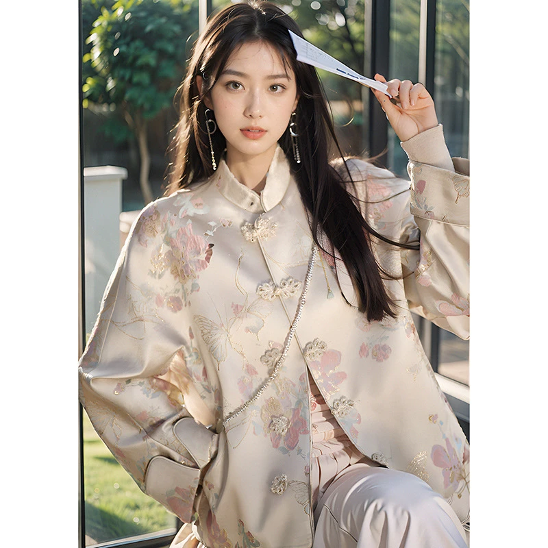 新款复古缎面蝴蝶提花新中式瑞雪呈祥国风立领盘扣百搭外套7146