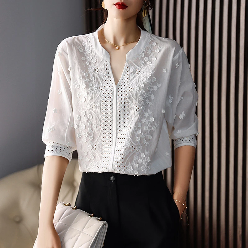 新款纯色中袖衬衫女气质通勤设计感小众法式宽松休闲上衣8605