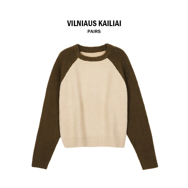 时尚慵懒长袖撞色刺绣圆领套头女士宽松毛衣1237