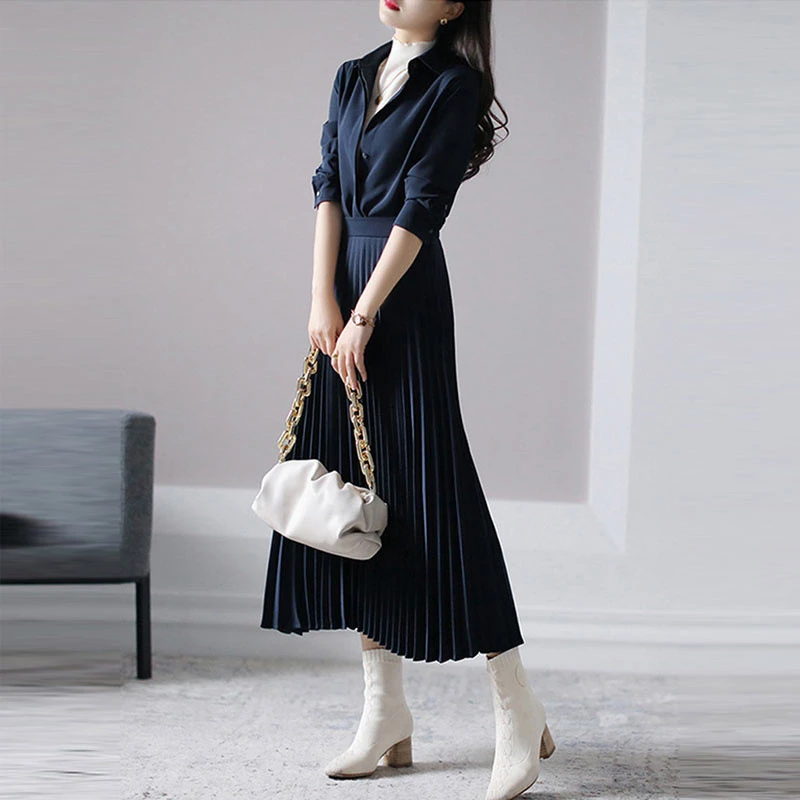 新款气质小众翻领优雅欧洲站衬衫长裙长袖高级感连衣裙0116