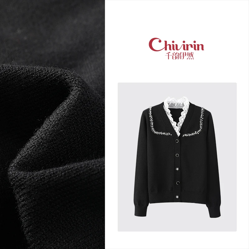 气质黑色时尚百搭轻奢设计款镶钻针织开衫上衣8823