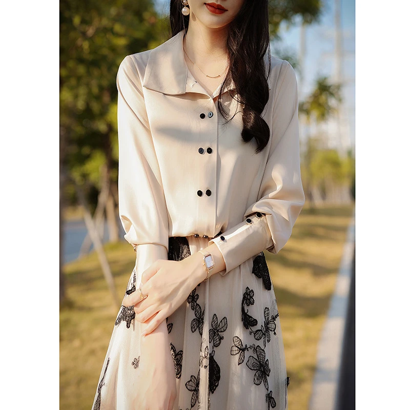 新款复古翻领小众气质通勤有腔调小双排扣醋酸女式衬衫0202