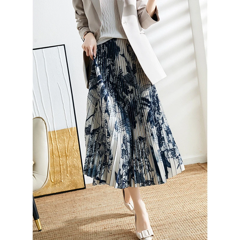 新款复古高腰显瘦a字伞裙优雅气质中长款大摆碎花裙0954